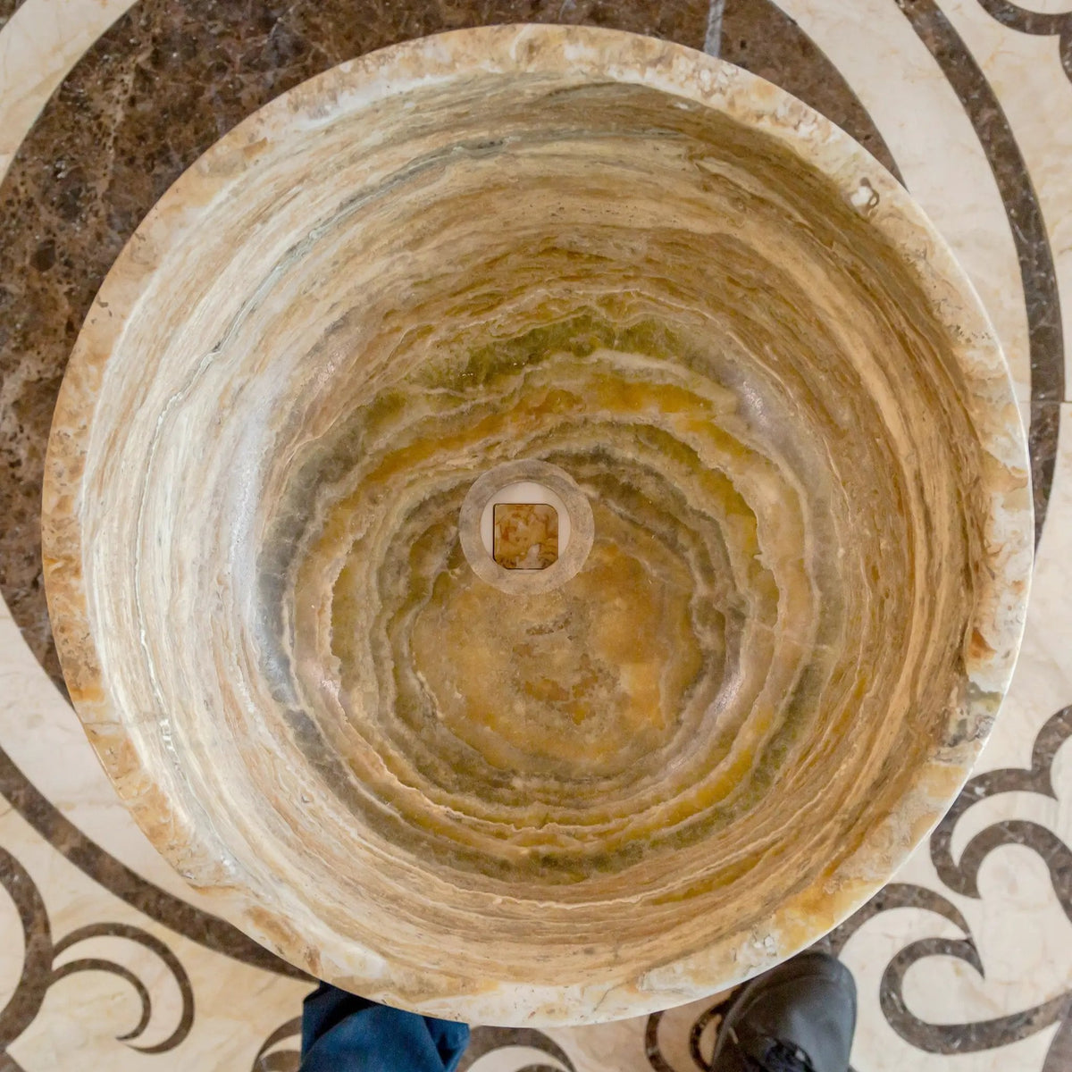 Travertine Onyx Round Beige Vessel Sink For Bathroom With Honed Finish