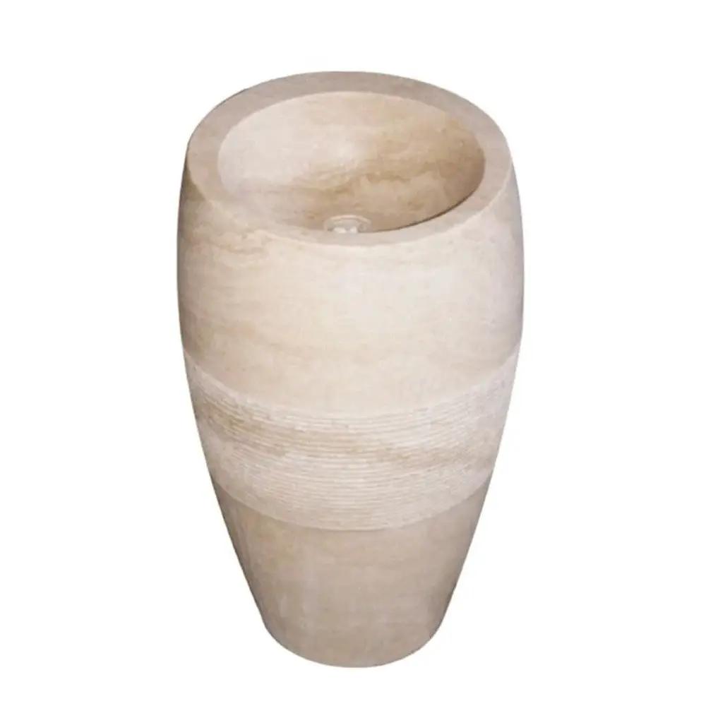 Hand Carved Travertine Beige Pedestal Bathroom Stone Sink