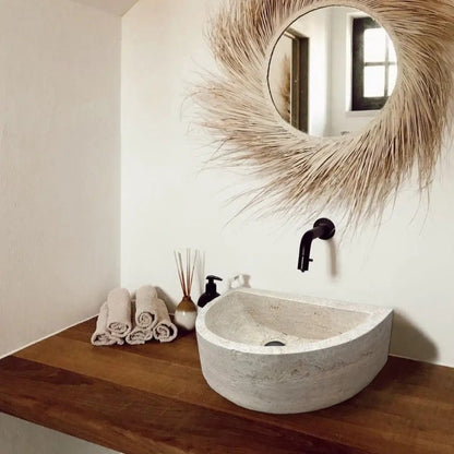 Natural Light Travertine Half Round Wall-Mounted Bathroom Sink Basin 16by10 Inches