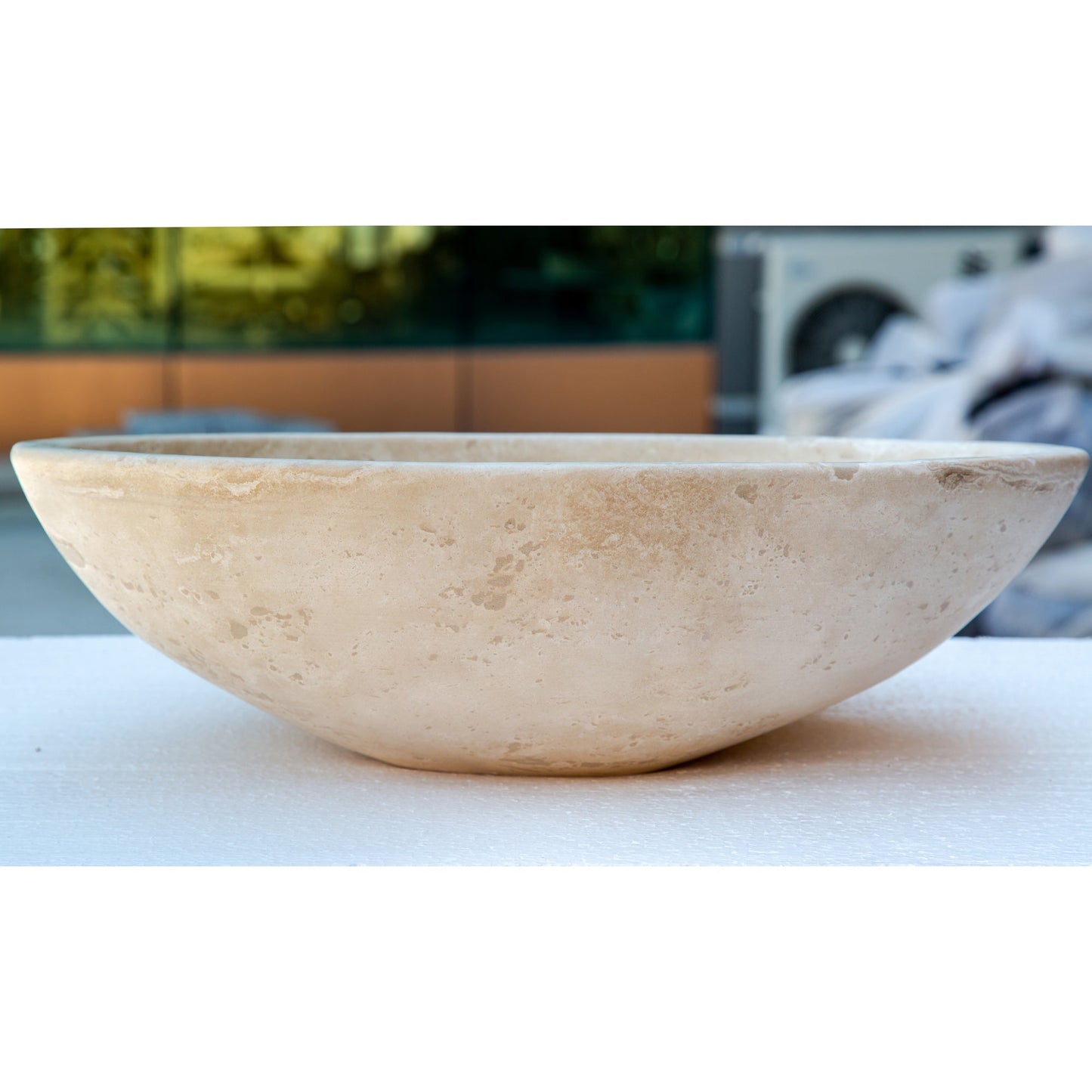 Travertine Natural Stone Oval Vessel Sink 16x21x6 Handcrafted Light Beige Artisan