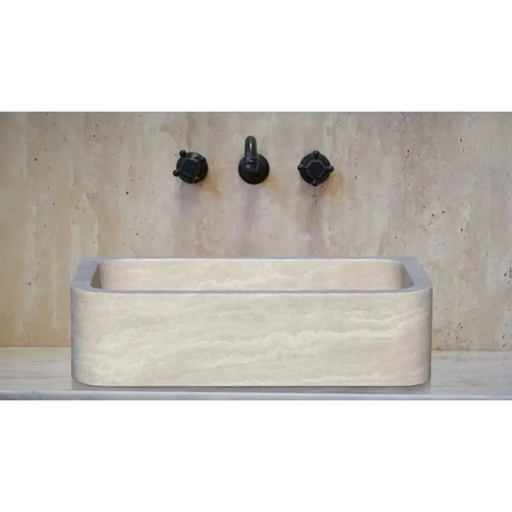 Light Travertine Farmhouse Apron Sink 18x27.5x7 - Handcrafted Turkish Stone Bathroom Faucet Set