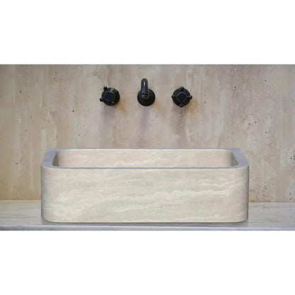 Light Travertine Farmhouse Apron Sink 18x27.5x7 - Handcrafted Turkish Stone Bathroom Faucet Set