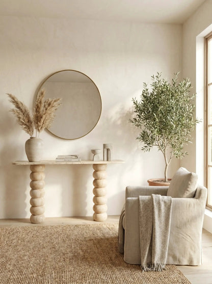 Light Travertine Natural Stone Designer Console Table - Premium Handcrafted Honed Finish