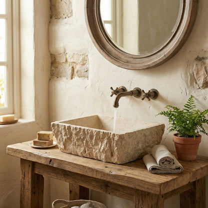 Troia Light Rustic Travertine Rectangular Above Vanity Bathroom Sink Hand Chiseled Exterior