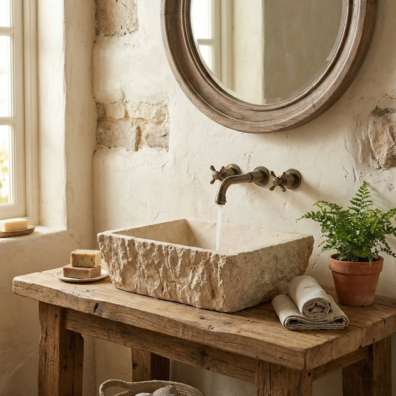 Light Beige Travertine Natural Stone Rustic Vessel Sink Hand Chiseled