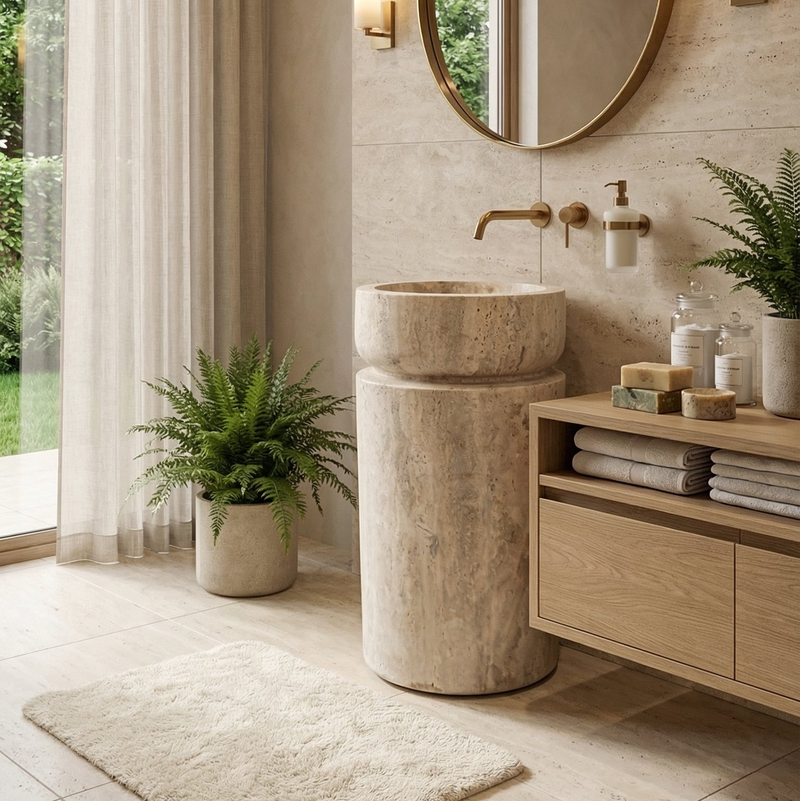 Light Travertine Pedestal Sink Hand Carved Designer 18x18x33