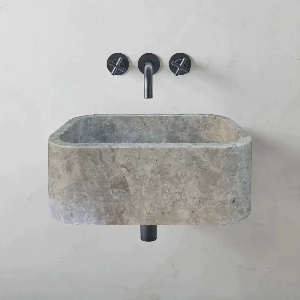 Tundra Gray Marble Wall Mount Bathroom Sink 12x18 Polished Natural Stone Basin