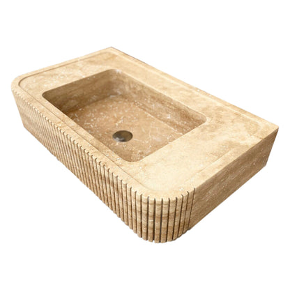 Tuscany Walnut Travertine Wall-mount Bathroom Vanity Sink Ribbed Textured Front- READY TO SHIP