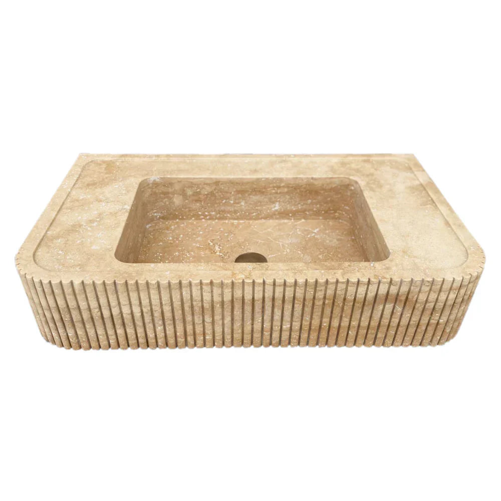 Tuscany Walnut Travertine Wall-mount Bathroom Vanity Sink Ribbed Textured Front- READY TO SHIP