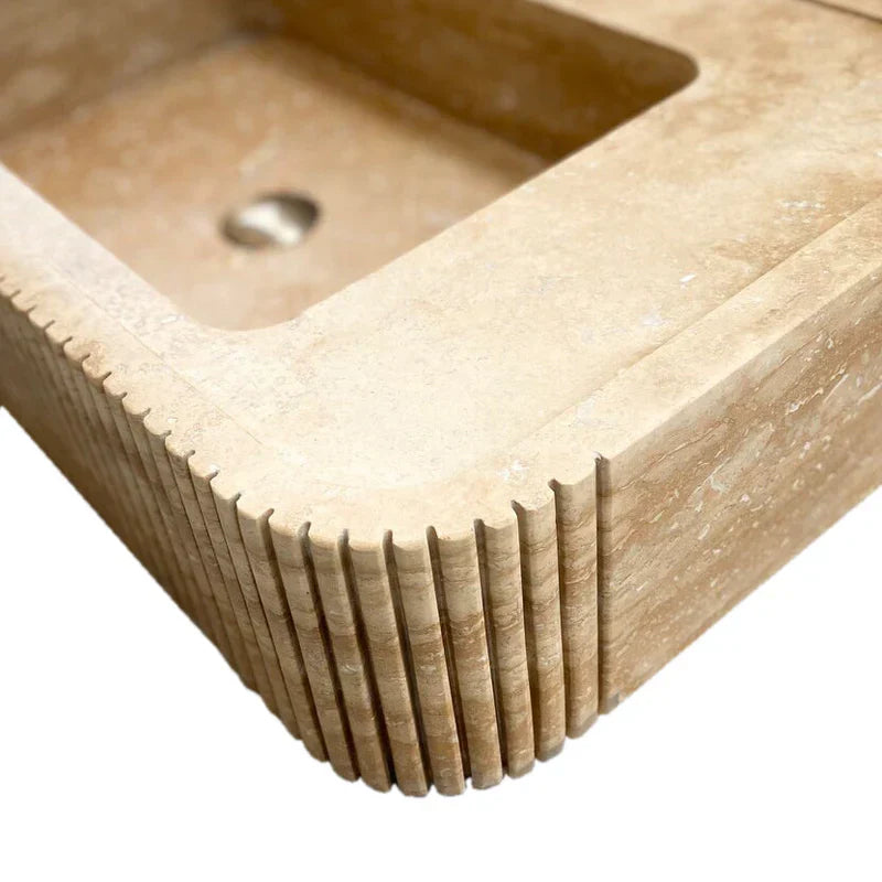 Tuscany Walnut Travertine Wall-mount Bathroom Vanity Sink Ribbed Textured Front- READY TO SHIP