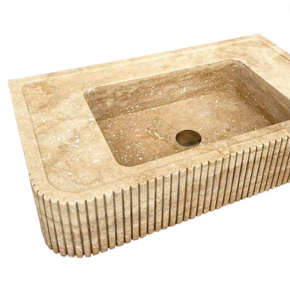 Tuscany Walnut Travertine Wall-mount Bathroom Vanity Sink Ribbed Textured Front- READY TO SHIP