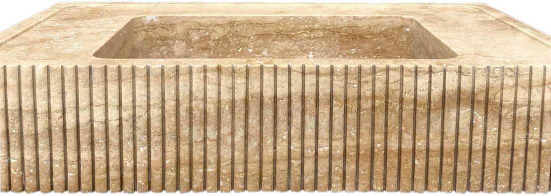 Tuscany Walnut Travertine Wall-mount Bathroom Vanity Sink Ribbed Textured Front- READY TO SHIP