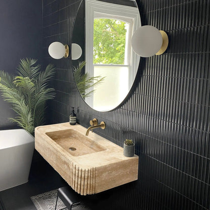Tuscany Hand Carved Travertine Wall Mount Vanity Sink Ribbed
