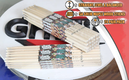GRIFFIN Attack Zzzap Drum Sticks - 24 Pairs of Select Elite Maple Wood Size 5A - Drummers Percussion Classic Pure Grit Uncoated, Raw Wood Drumming Sticks - Premium Balanced, Level and Straight