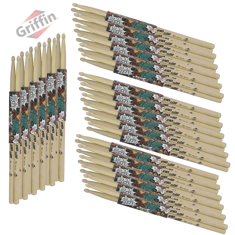 GRIFFIN Attack Zzzap Drum Sticks - 24 Pairs of Select Elite Maple Wood Size 5A - Drummers Percussion Classic Pure Grit Uncoated, Raw Wood Drumming Sticks
