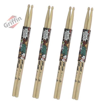 GRIFFIN Attack Zzzap Drum Sticks - 4 Pairs of Select Elite Maple Wood Size 5A - Premium Balanced, Level and Straight - Drummers Percussion Classic Pure Grit Uncoated, Raw Wood Drumming Sticks