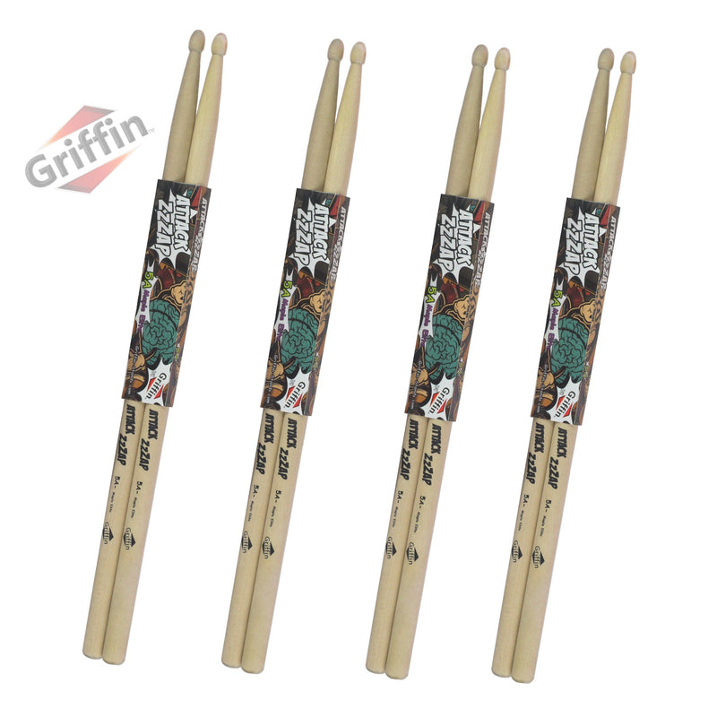 GRIFFIN Attack Zzzap Drum Sticks - 4 Pairs of Select Elite Maple Wood Size 5A - Premium Balanced, Level and Straight - Drummers Percussion Classic Pure Grit