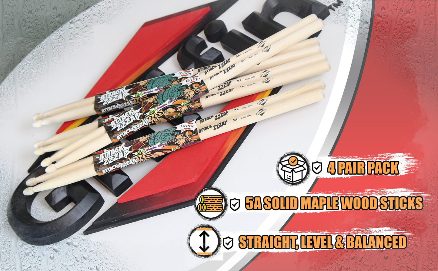 GRIFFIN Attack Zzzap Drum Sticks - 4 Pairs of Select Elite Maple Wood Size 5A - Premium Balanced, Level and Straight - Drummers Percussion Classic Pure Grit Uncoated, Raw Wood Drumming Sticks
