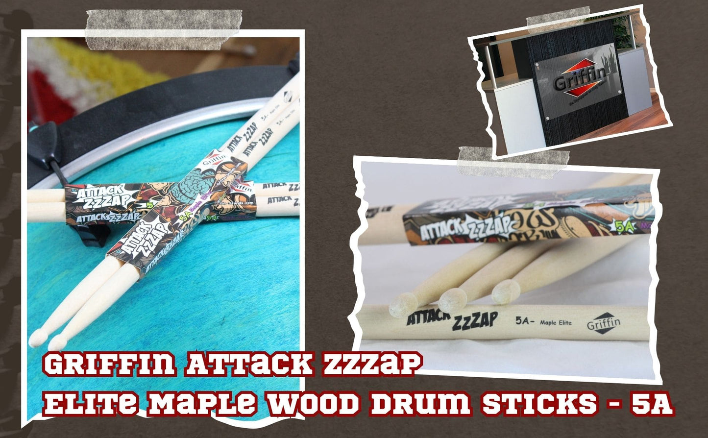 12 Pairs of Select Elite Maple Wood Drum Sticks by GRIFFIN Attack Zzzap - Size 5A Premium Balanced, Level and Straight - Drummers Percussion Classic Pure Grit Uncoated, Raw Wood Drumming Sticks