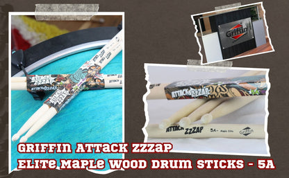 12 Pairs of Select Elite Maple Wood Drum Sticks by GRIFFIN Attack Zzzap - Size 5A Premium Balanced, Level and Straight - Drummers Percussion Classic Pure Grit Uncoated, Raw Wood Drumming Sticks