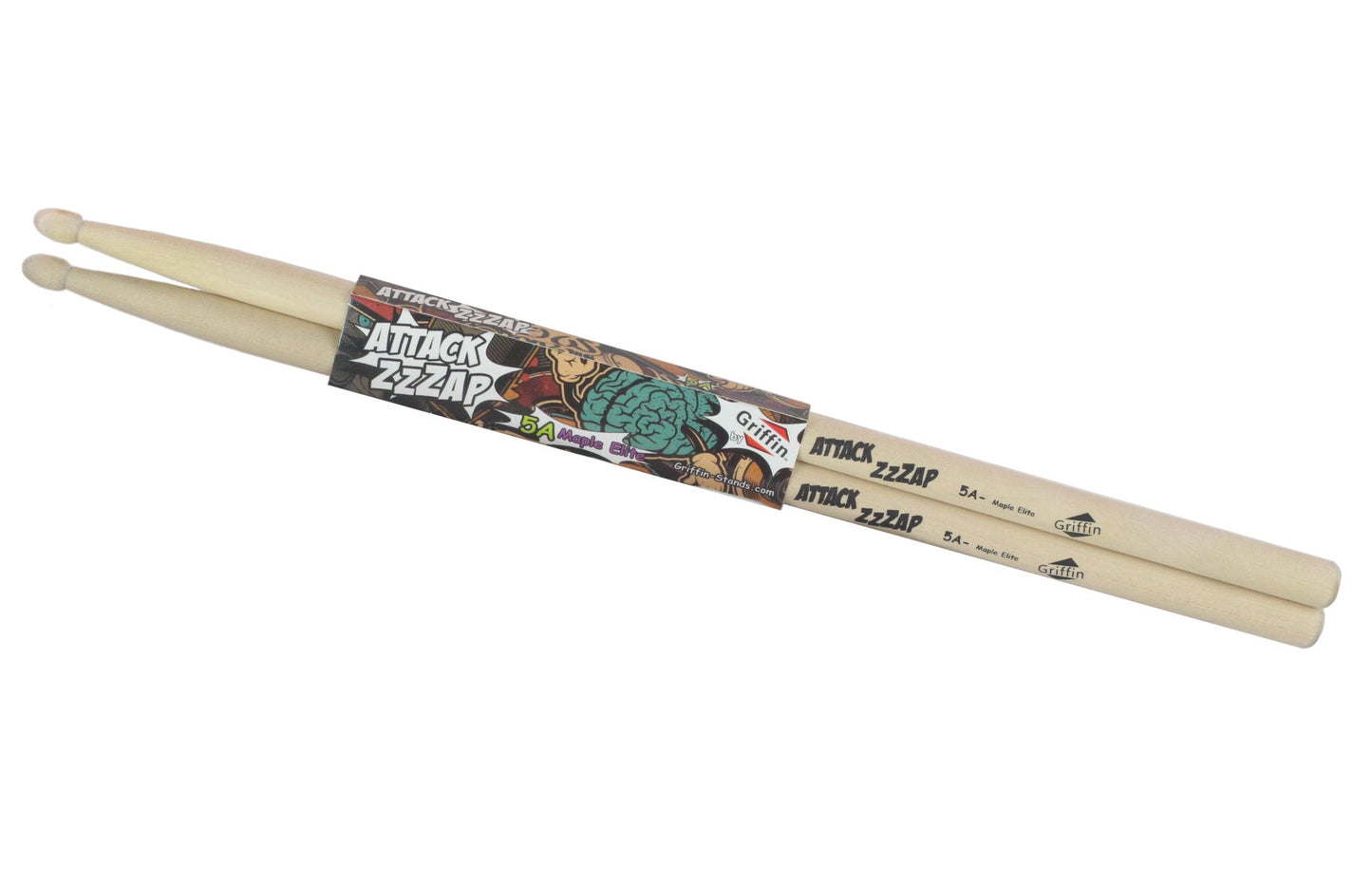 GRIFFIN Attack Zzzap Drum Sticks - 24 Pairs of Select Elite Maple Wood Size 5A - Drummers Percussion Classic Pure Grit Uncoated, Raw Wood Drumming Sticks