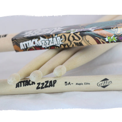 GRIFFIN Attack Zzzap Drum Sticks - 4 Pairs of Select Elite Maple Wood Size 5A - Premium Balanced, Level and Straight - Drummers Percussion Classic Pure Grit