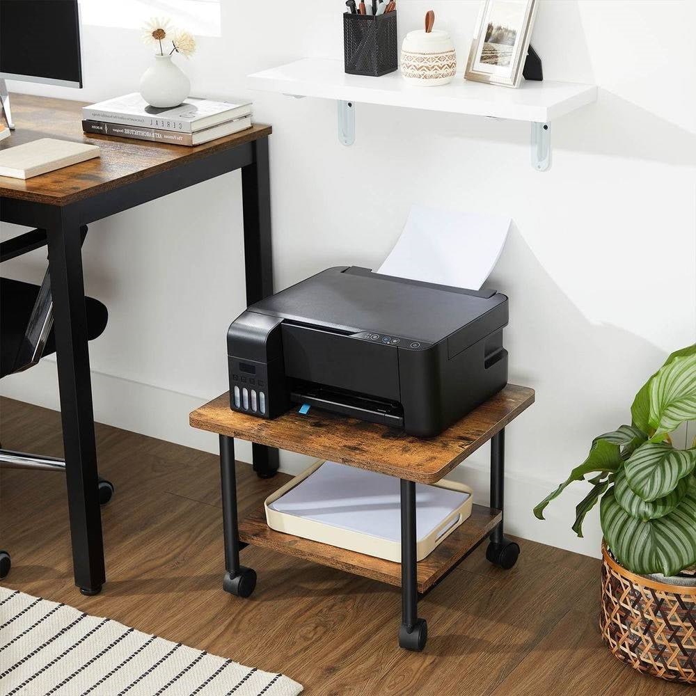 Industrial Black Metal Rustic Wood Printer Stand Cart with Bottom Pape ...
