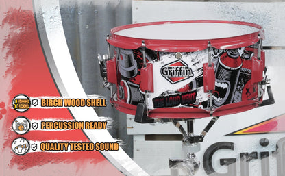 Snare Drum by GRIFFIN - Birch Wood Shell 14"x6.5" with Custom Graphic Wrap (Limited Edition) - Percussion Drummers Acoustic Musical Instrument Kit