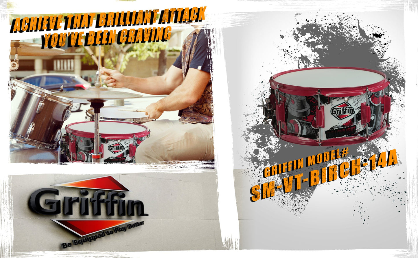 Snare Drum by GRIFFIN - Birch Wood Shell 14"x6.5" with Custom Graphic Wrap (Limited Edition) - Percussion Drummers Acoustic Musical Instrument Kit