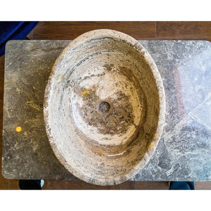 Valencia Travertine Oval Vessel Sink Beige Brown 16 Inches Above Counter