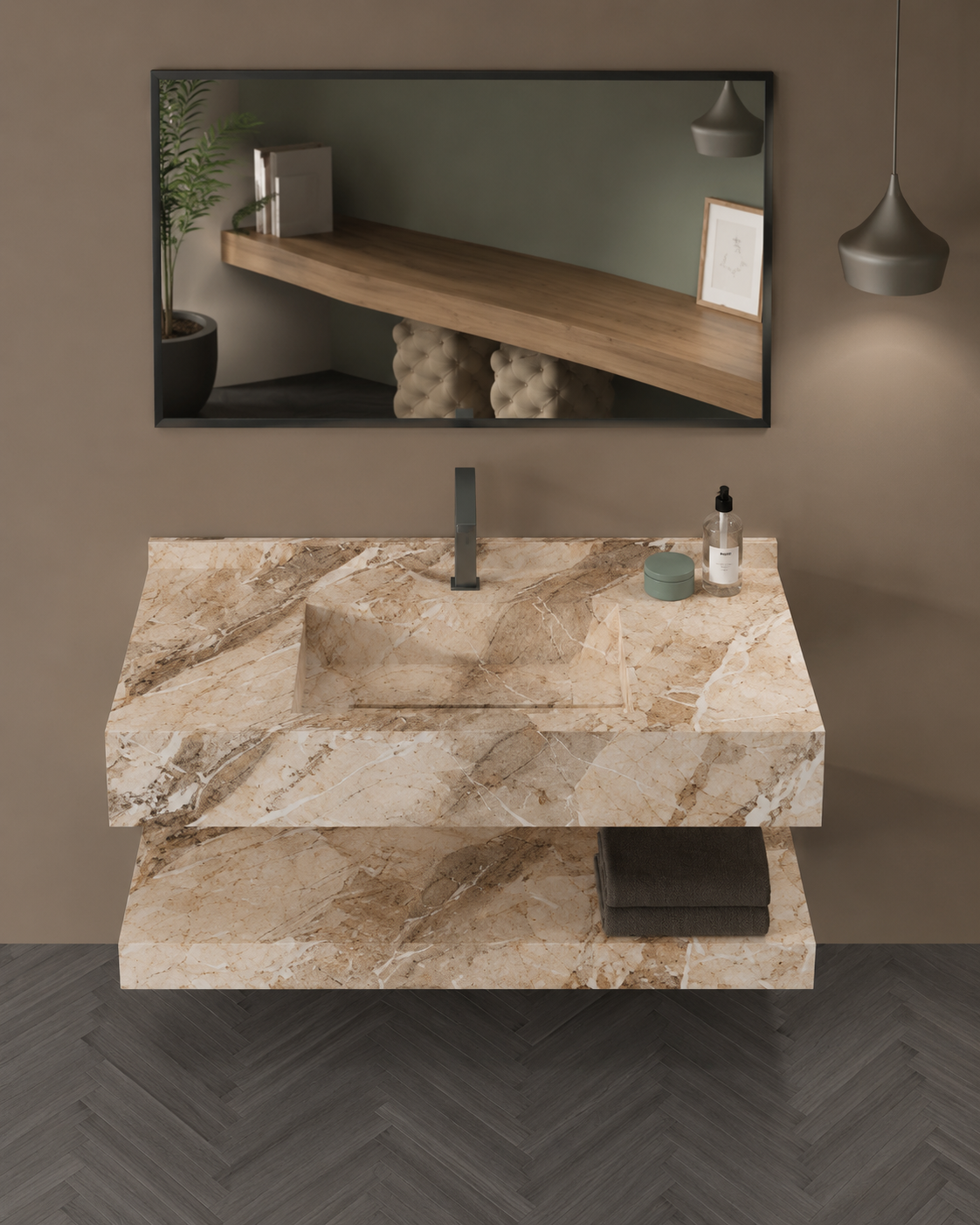 Luxury Travertine-Look Textured Solid Surface Wall-Mount Basin, Floating Vanity Shelf Set – NACS Collection