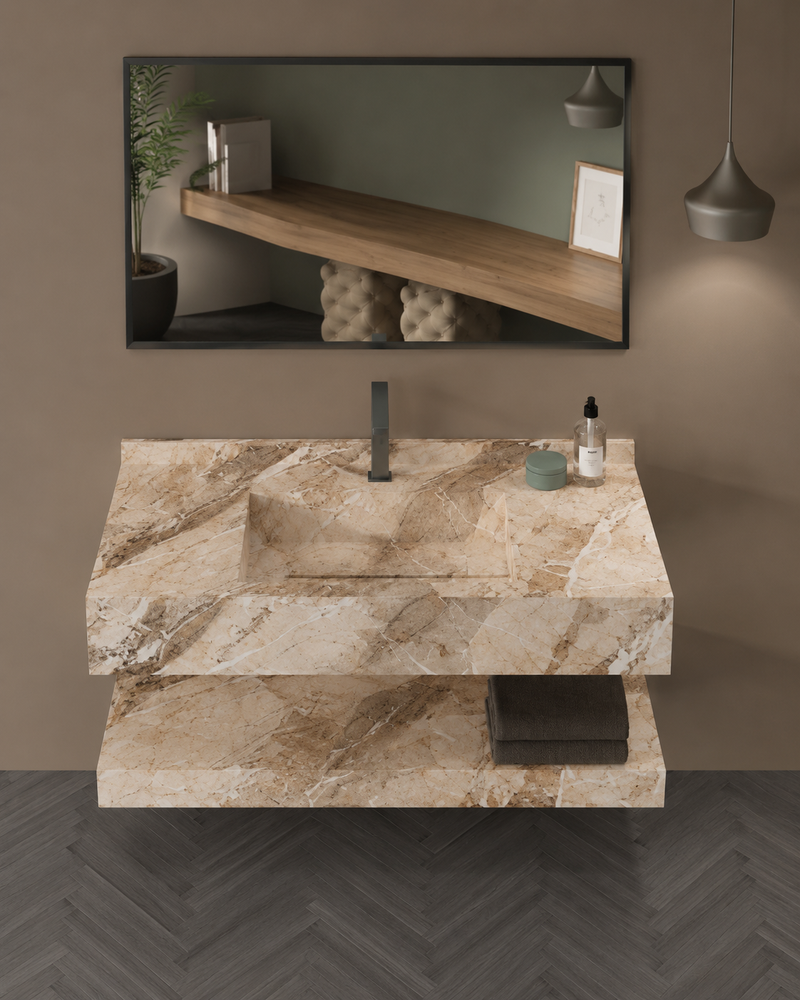 Luxury Travertine-Look Textured Solid Surface Wall-Mount Basin, Floating Vanity Shelf Set – NACS Collection