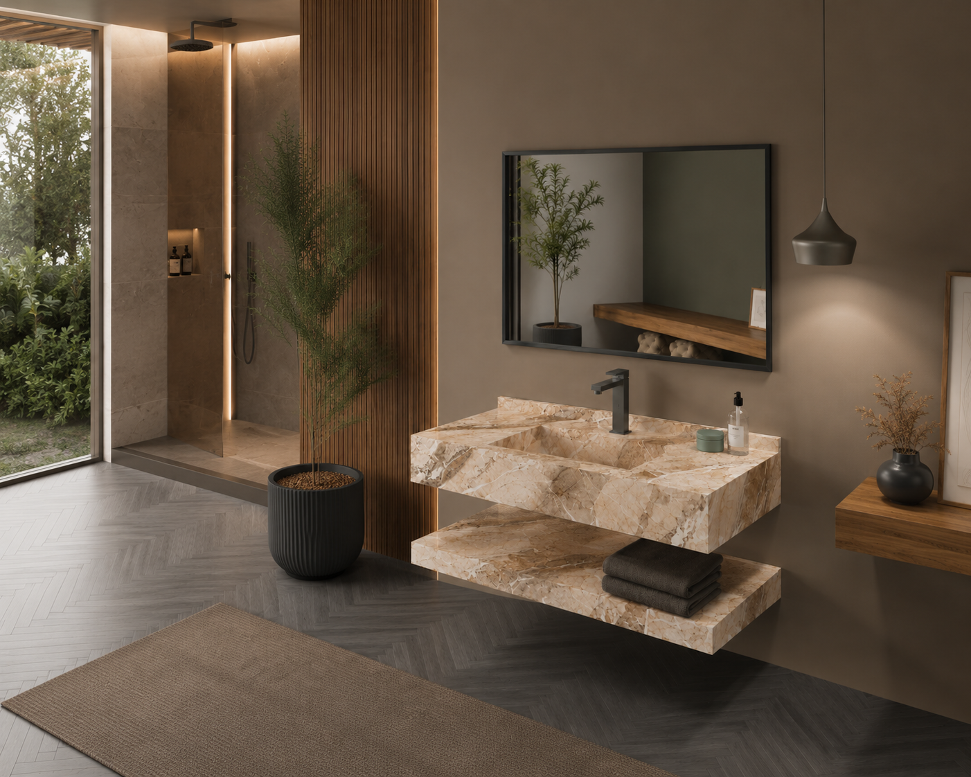 Luxury Travertine-Look Textured Solid Surface Wall-Mount Basin, Floating Vanity Shelf Set – NACS Collection