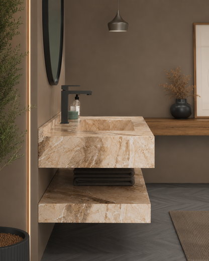 Luxury Travertine-Look Textured Solid Surface Wall-Mount Basin, Floating Vanity Shelf Set – NACS Collection