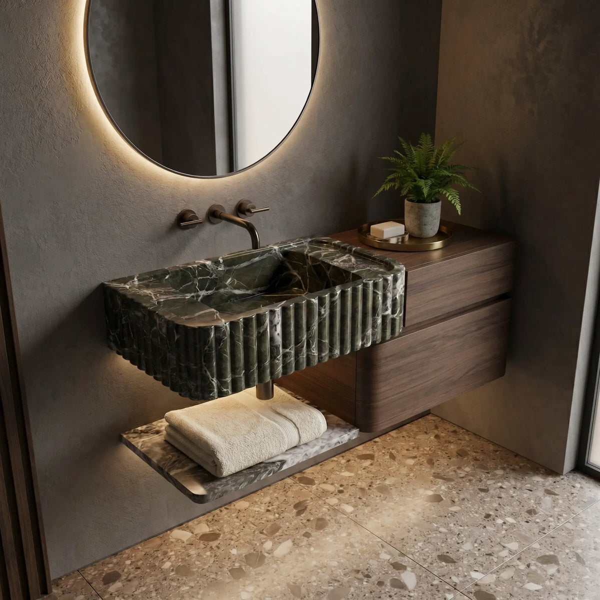 Verde Antico Green Marble Rectangular Wall Mount Fluted Bathroom Sink