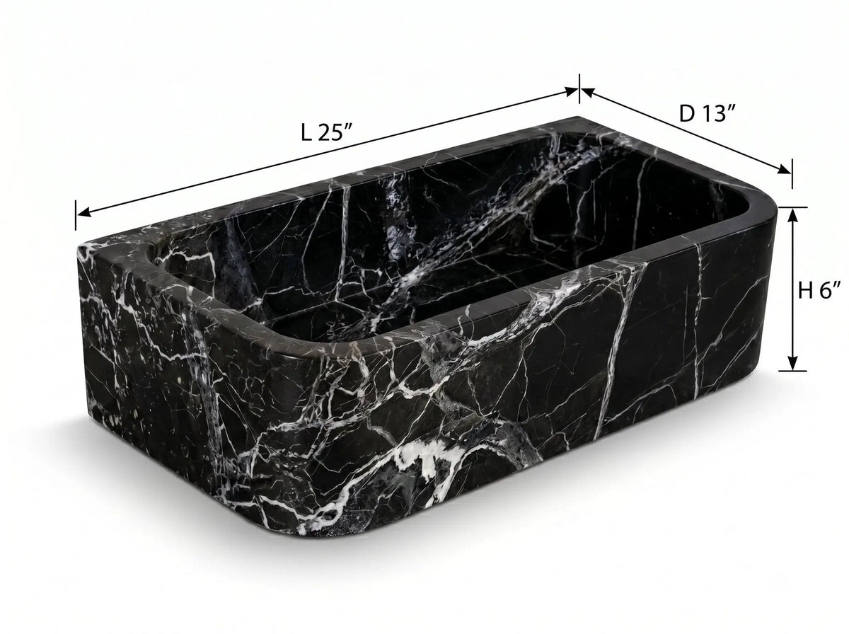 Custom Black Natural Marble Bathroom Wall Mount Sink Rectangular Vessel