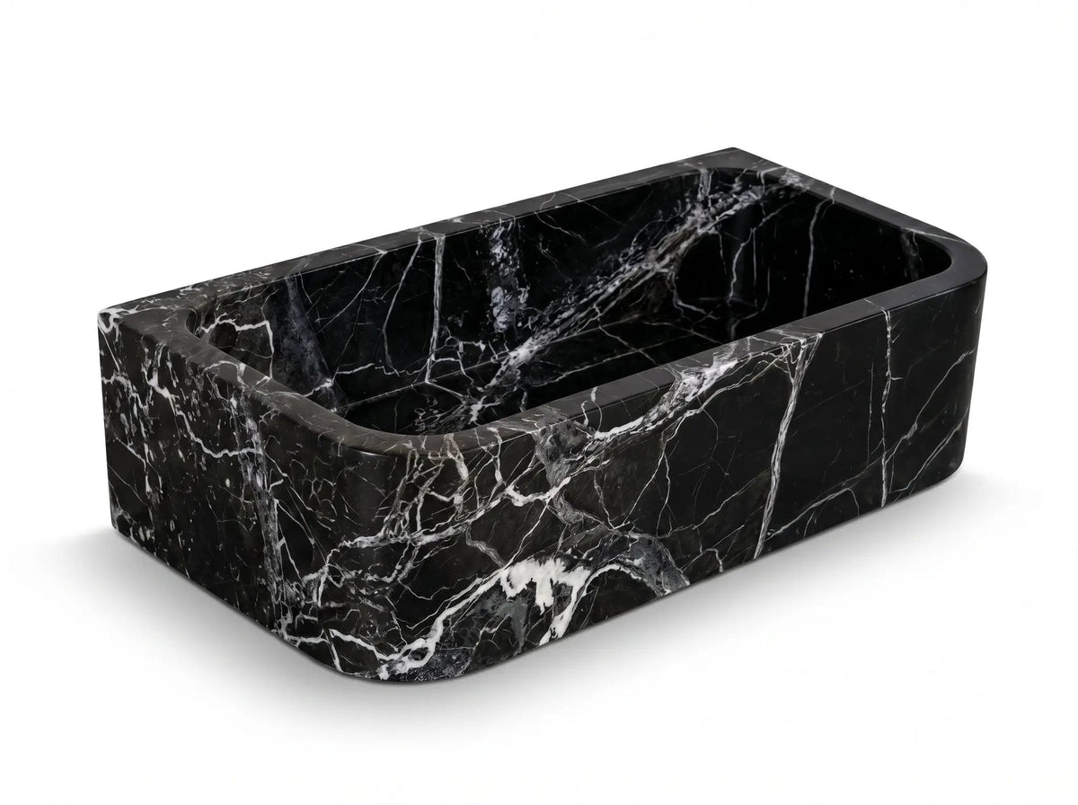 Custom Black Natural Marble Bathroom Wall Mount Sink Rectangular Vessel