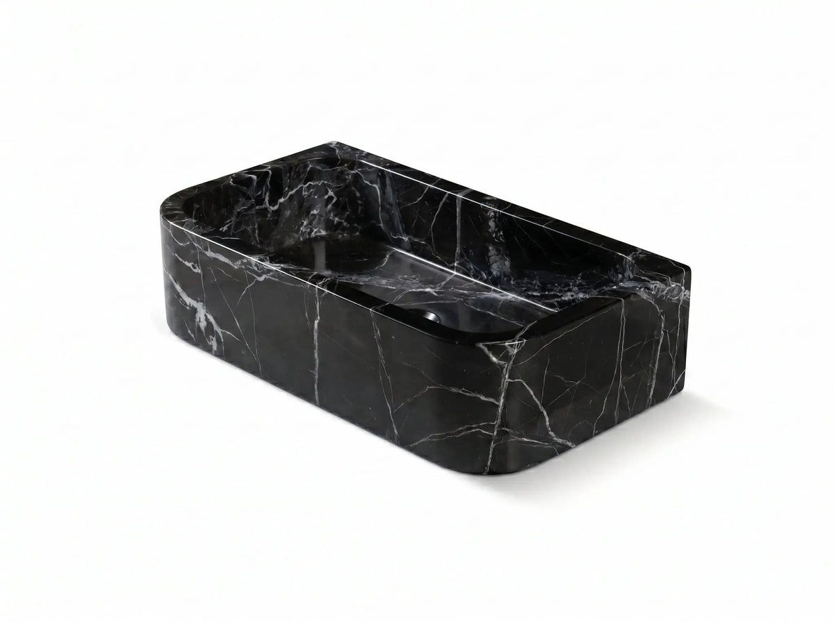 Custom Black Natural Marble Bathroom Wall Mount Sink Rectangular Vessel