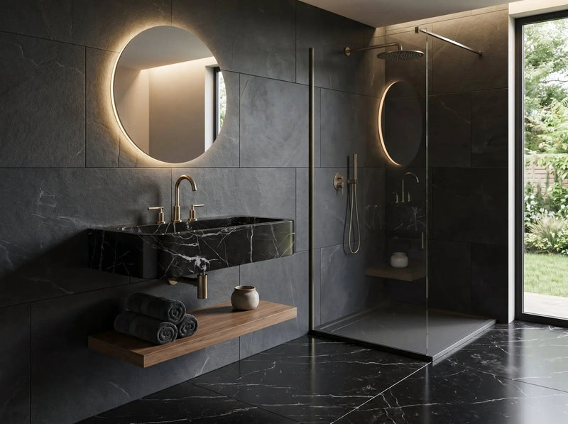Custom Black Natural Marble Bathroom Wall Mount Sink Rectangular Vessel