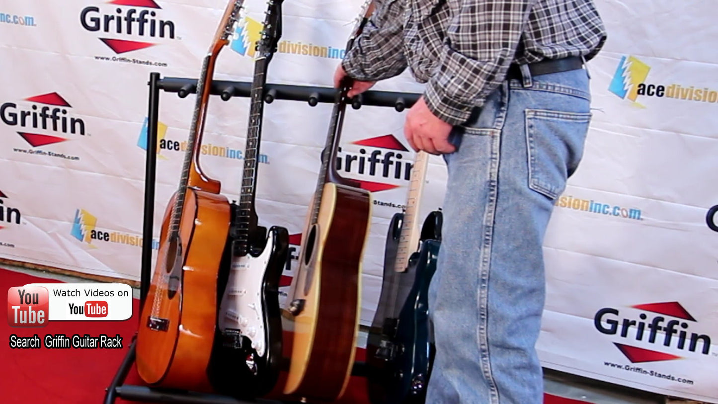 Five Guitar Rack Stand by GRIFFIN - Holder for 5 Guitars & Folds Up For Easy Transport - Neoprene Tubing Accessories For Music Bands, Recording Studio