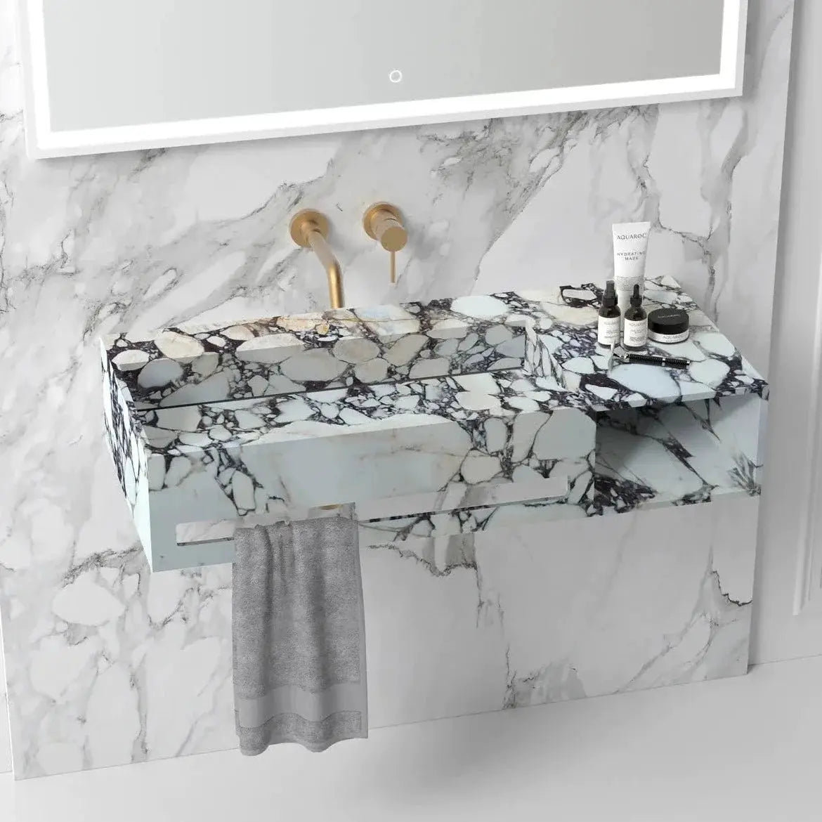 Calacatta Viola Marble Wall Mount Vanity With Towel Shelf And Drawer