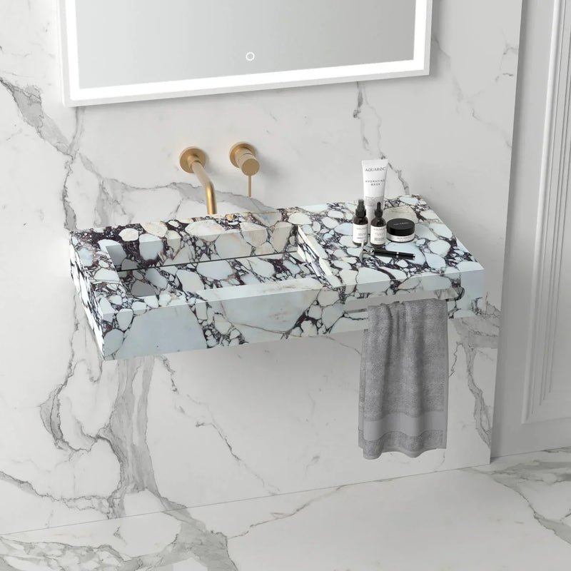 Calacatta Viola Handcrafted Marble Wall Mount Bathroom Sink With Towel Bar