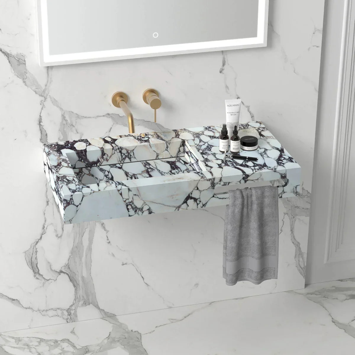 Calacatta Viola Handcrafted Marble Wall Mount Bathroom Sink With Towel Bar