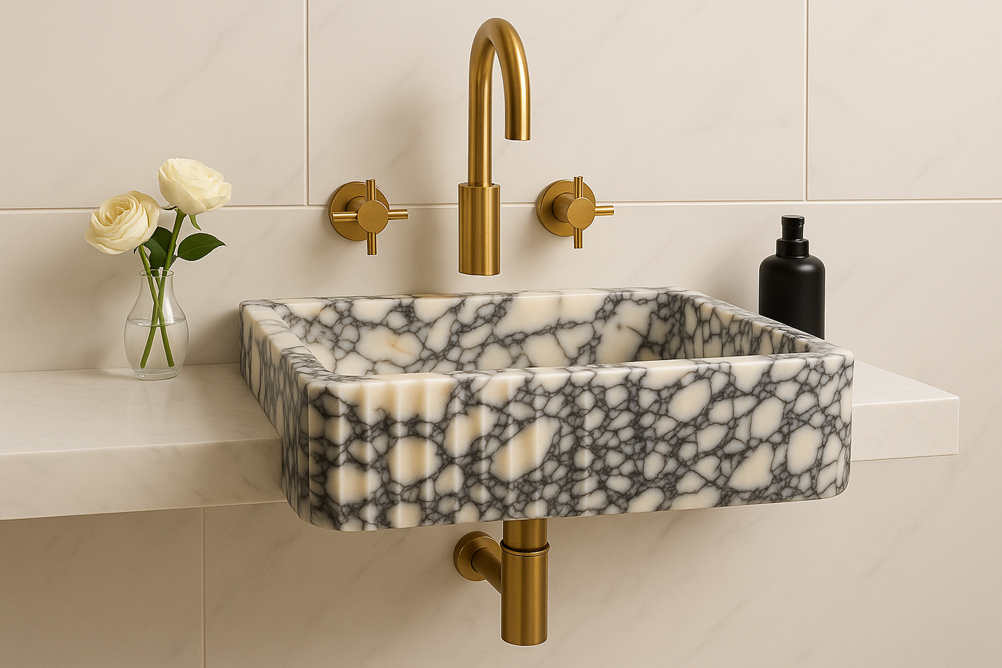 Calacatta Marble Sink | Handcrafted Italian White and Black Stone Basin