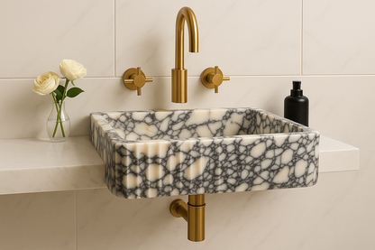 Calacatta Marble Sink | Handcrafted Italian White and Black Stone Basin