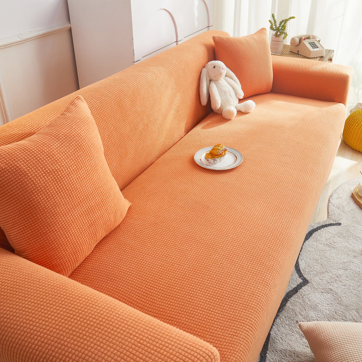 Grid Textured Stretch Sofa Cover, Soft Elastic Slipcover for Couch Protection