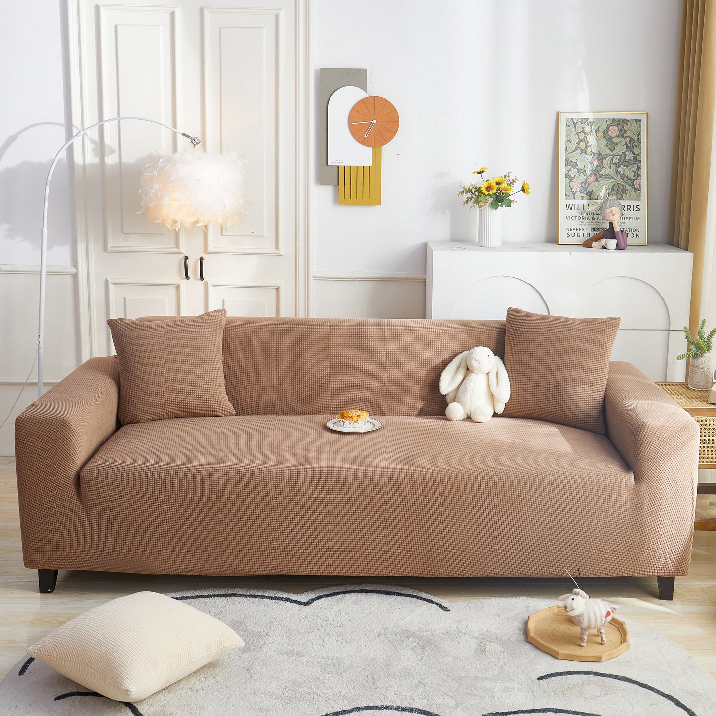 Grid Textured Stretch Sofa Cover, Soft Elastic Slipcover for Couch Protection