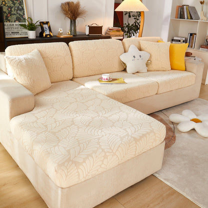 Leaf Pattern Jacquard Fabric Stretchable Cushion Cover, Non-Slip Furniture Protector for Kids, L Shaped Couch Covers