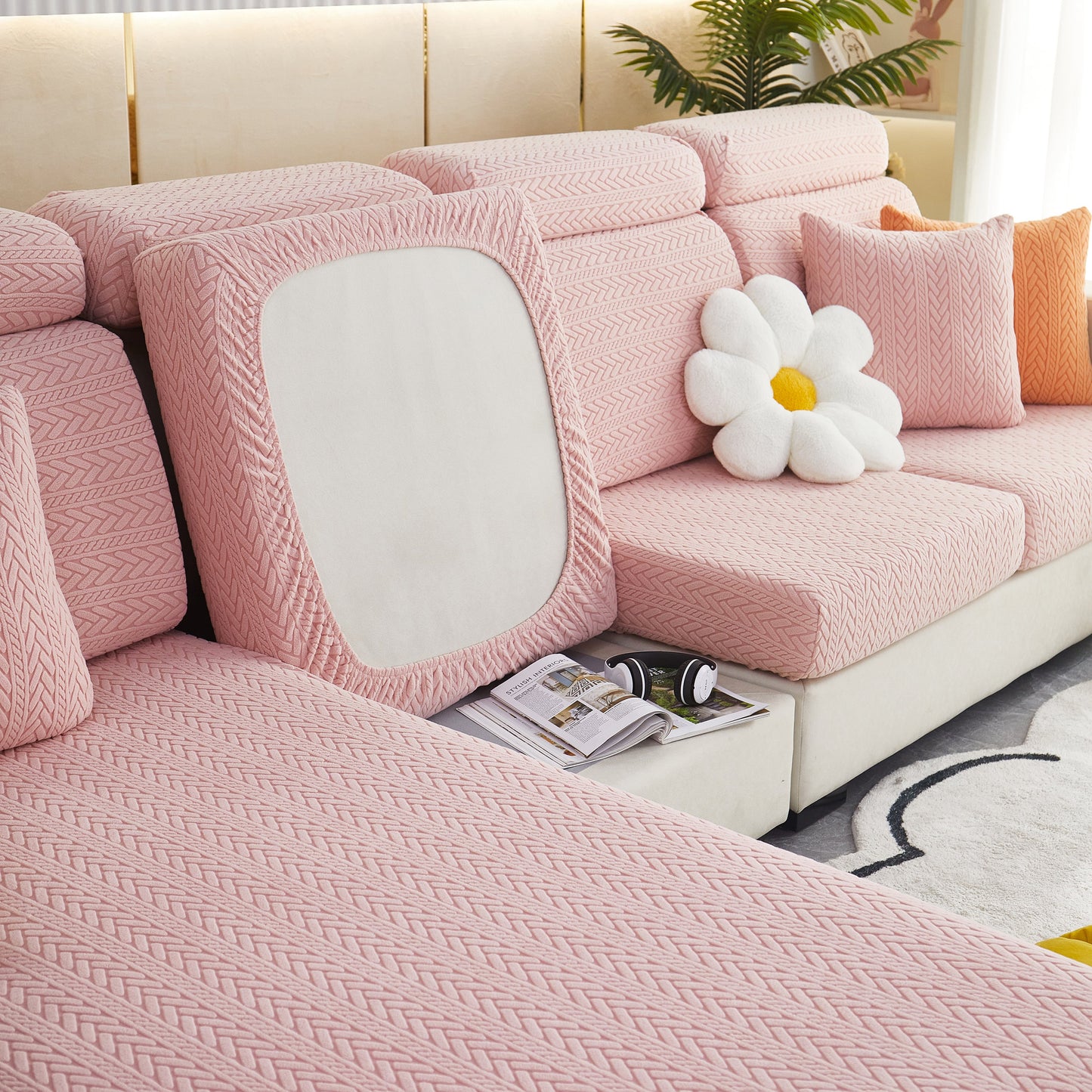 Stretchable Jacquard Polar Fleece Sofa Cover Non-Slip Furniture Protector for Pets L-Shaped Couch Slipcovers