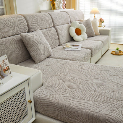 Cozy Plush Coral Fleece Sofa Cushion Slipcovers, Stretch Leaves Cushion Covers, Furniture Slipcovers